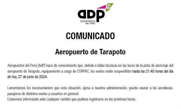 Este es el comunicado de Aeropuertos del Perú sobre el terminal aéreo de Tarapoto.