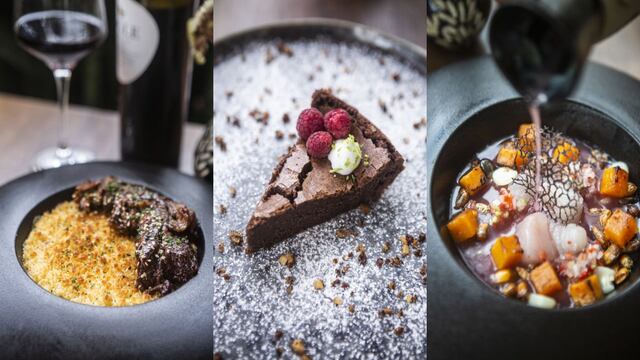 Izquierda: asado de tira en BBQ de sachatomate, servido sobre porción de mac and cheese gratinado. Al medio: cake trufado de chocolate, una de las dos opciones dulces en la carta. Derecha: cebiche en leche de tigre de maíz morado y dados de camote glaseado. (Fotos: Heroína Estudio)