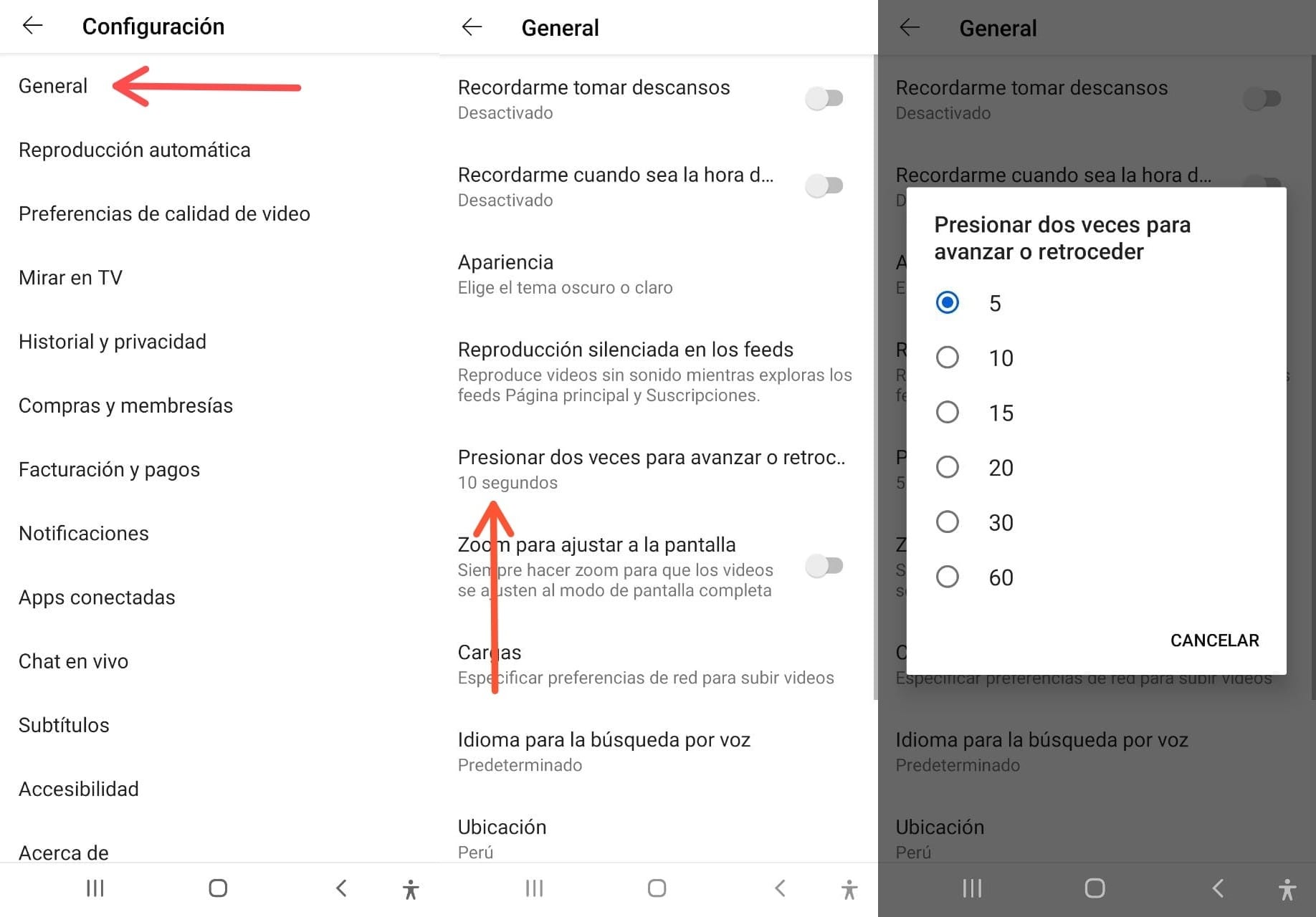 La ruta para configurar el tiempo de desplazamiento en los videos de YouTube (Foto: GEC)