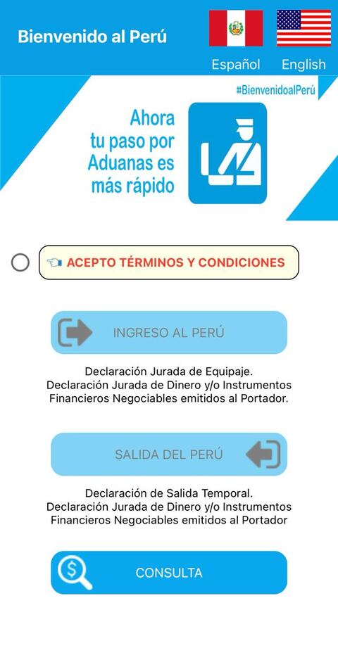 Página de inicio de "Bienvenido al Perú".