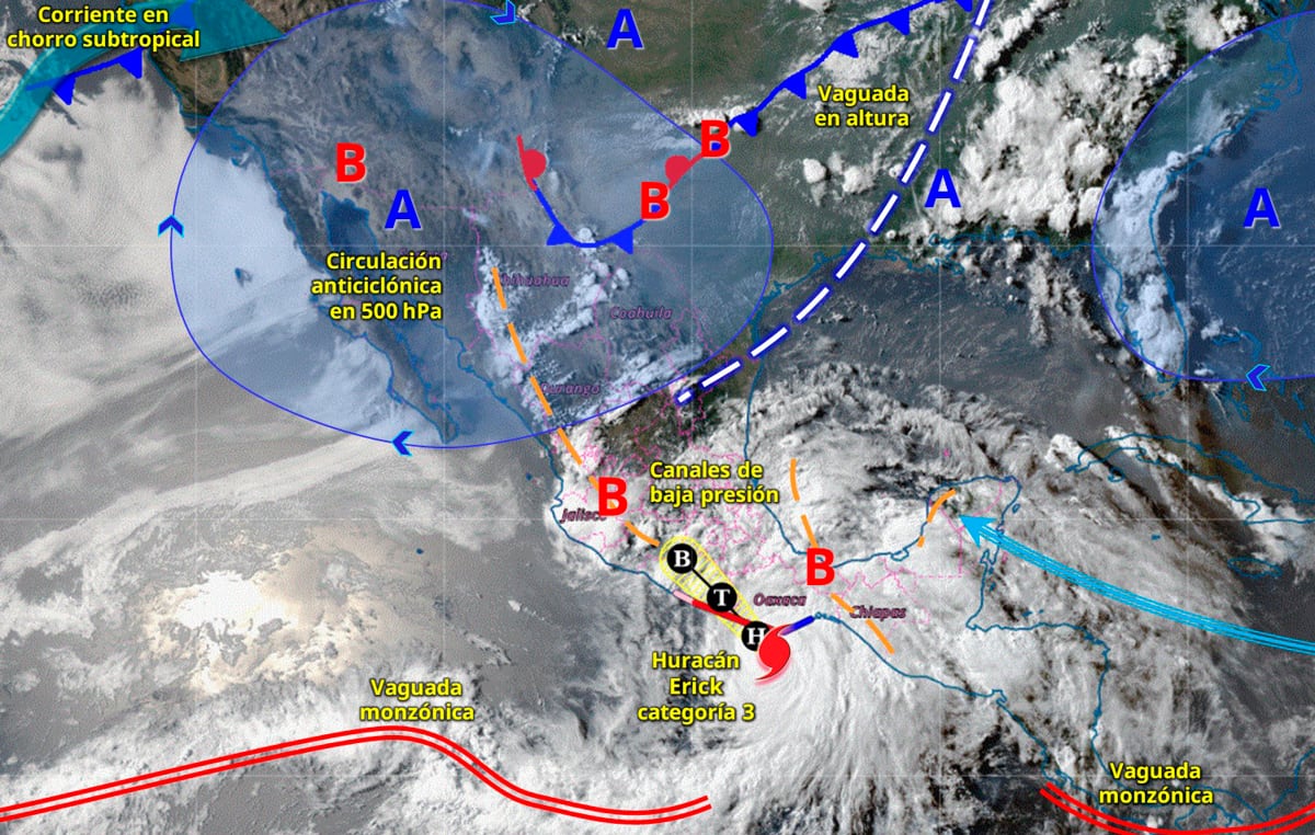 Los sistemas meteorológicos actuales, incluyendo al huracán Erick, en el sur de México, el 18 de junio de 2025. (Foto de Servicio Meteorológico Nacional de México / EFE)