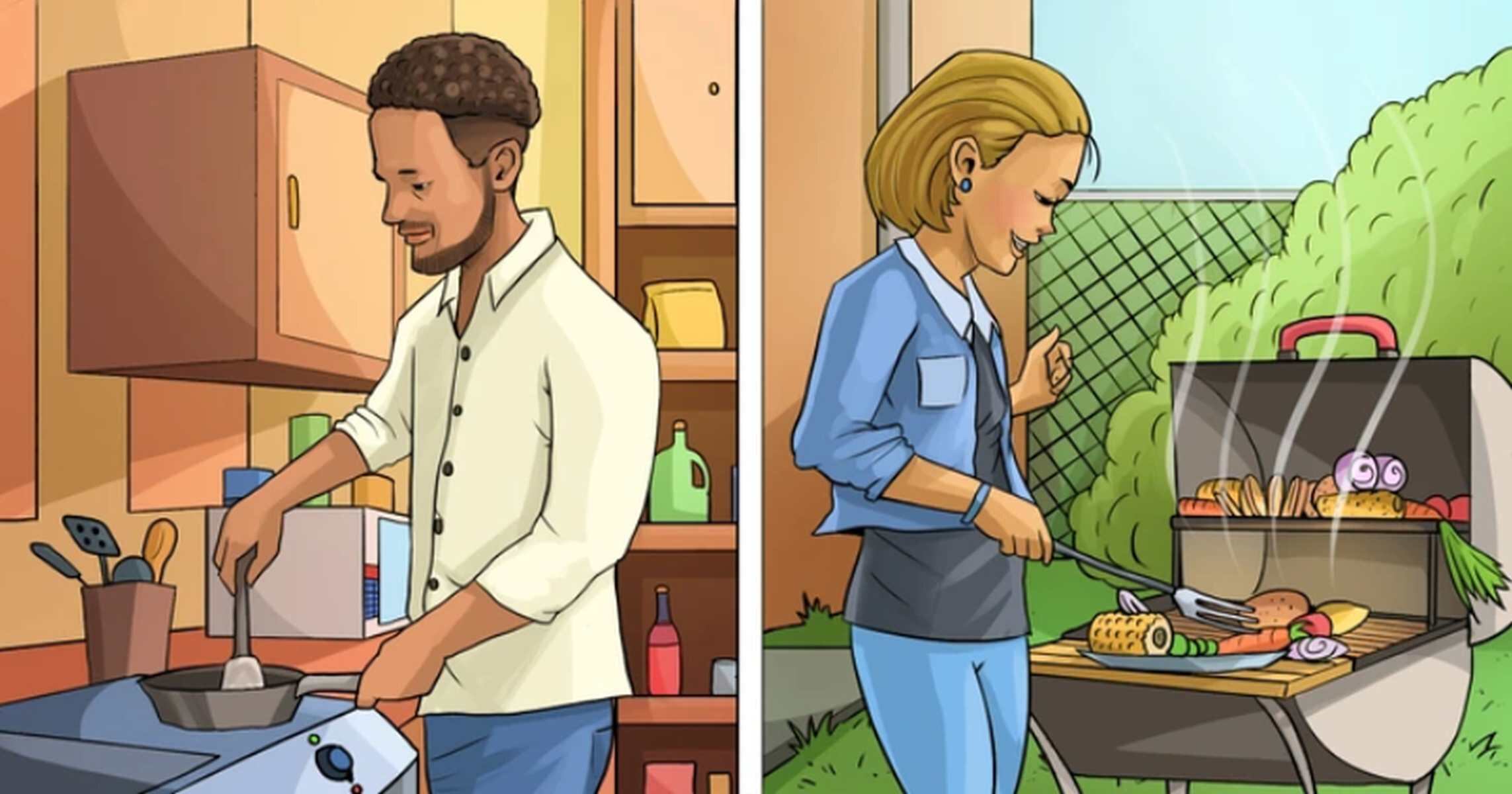 RETO VISUAL | Esta imagen te muestra a un hombre y a una mujer. Cada uno está preparando comida en un ambiente diferente. (Foto: genial.guru)