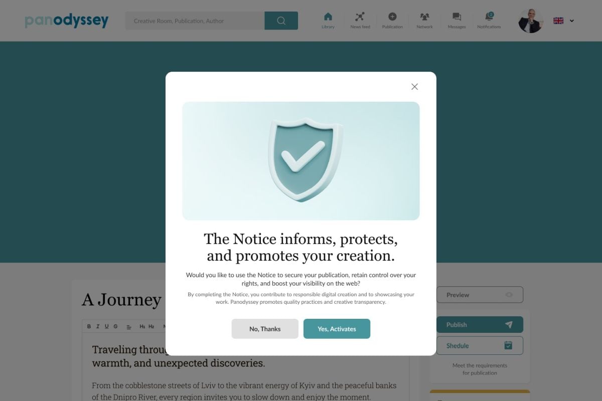 En la imagen, el Aviso de transparencia de Panodyssey, una herramienta que permite a los autores definir de manera clara, pública y técnica las condiciones bajo las cuales sus obras pueden ser utilizadas. (Foto: EFE/Panodyssey)