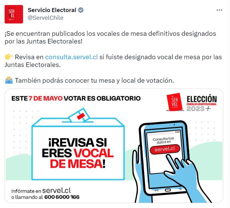 El Servicio Electoral de Chile anunció que ya se encuentran publicados los vocales de mesa definitivos designados por las Juntas Electorales para los comicios del domingo 7 de mayo de 2023. | Crédito: @ServelChile / Twitter