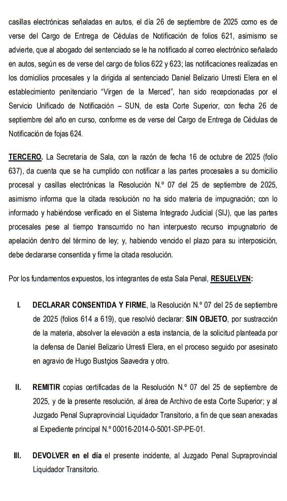 Daniel Urresti seguirá cumpliendo con su sentencia de 12 años de prisión por el asesinato de Hugo Bustíos.