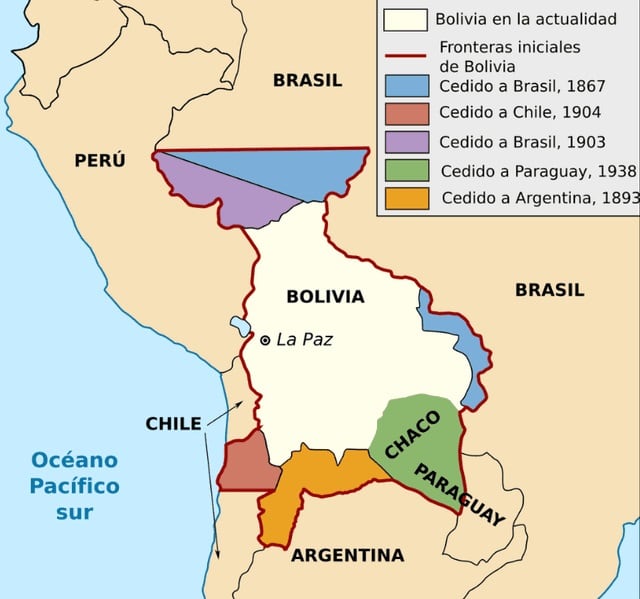 Bolivia cedió territorios a argentina, Paraguay, Chile, Perú y Brasi. | Foto: Wikimedia Commons
