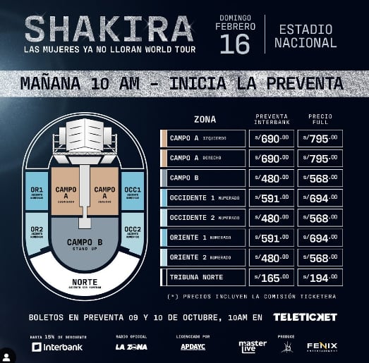 Precio de entradas y zonas para el concierto de Shakira en Perú 2025 | Foto: captura masterlive