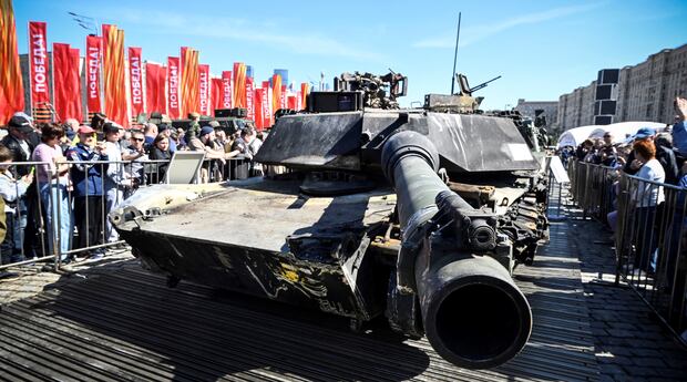 A US Abrams tank captured by Russian forces in Ukraine is on display at the World War II Memorial Complex in Moscow, May 1, 2024.  (Photo by Alexander NEMENOV / AFP).