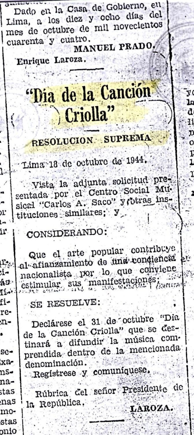 Resolución del Día de la Canción Criolla que data del 18 de octubre de 1944.