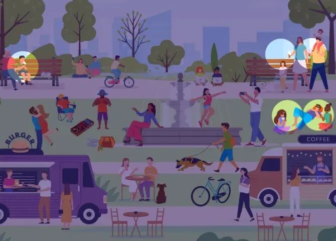 Cuatro personas sostienen conos de helado a la derecha de la imagen, mientras que otra sostiene uno hacia la parte superior izquierda.