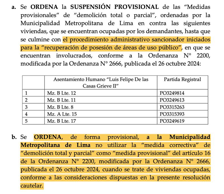 Detalles de la medida cautelar a favor de vecinos de SJM