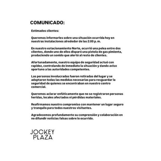 Este es el comunicado del centro comercial Jockey Plaza