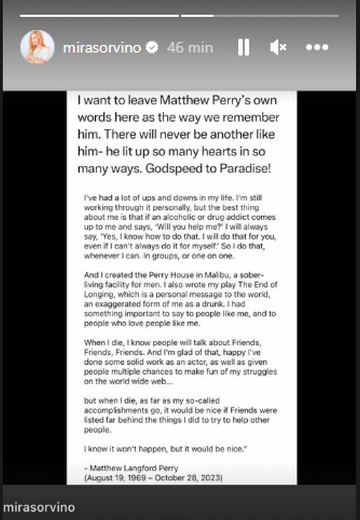 La despedida de la actriz a su gran amigo y compañero Matthew Perry (Foto: Mira Sorvino / Instagram)