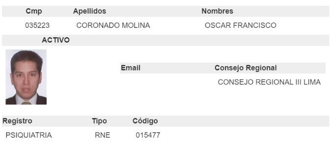 El médico psiquiatra continúa activo en el Colegio Médico del Perú, habilitado para ejercer.