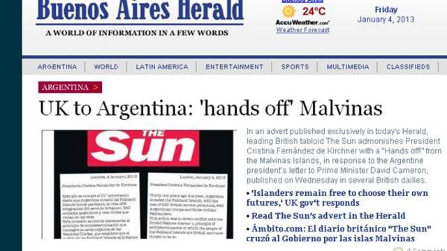 "The Sun" pide a presidenta de Argentina que "saque las manos de Malvinas"