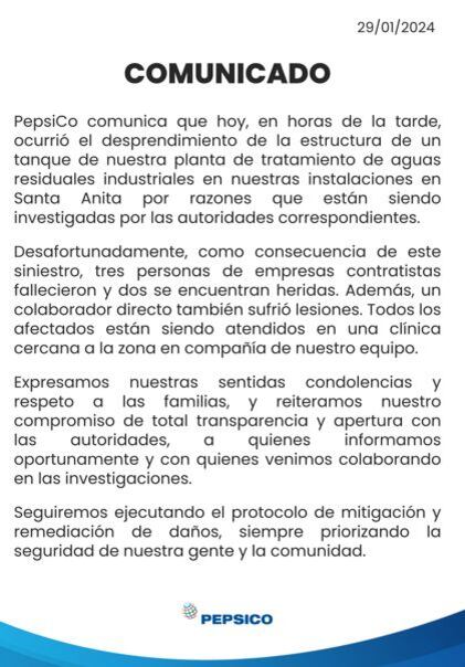 El comunicado de la empresa PepsiCo