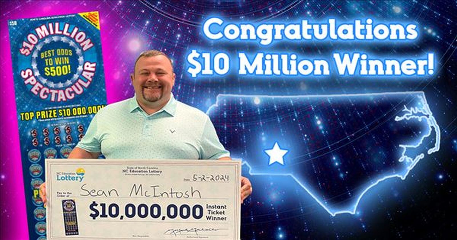 La Lotería de Carolina del Norte quiere demostrar que se puede ganar grandes premios, como el que obtuvo Sean McIntosh, quien logró US$10 millones con un raspadito (Foto: lotería de Carolina del Norte/ Imagen referencial no válida legalmente, solo usada con fines educativos)