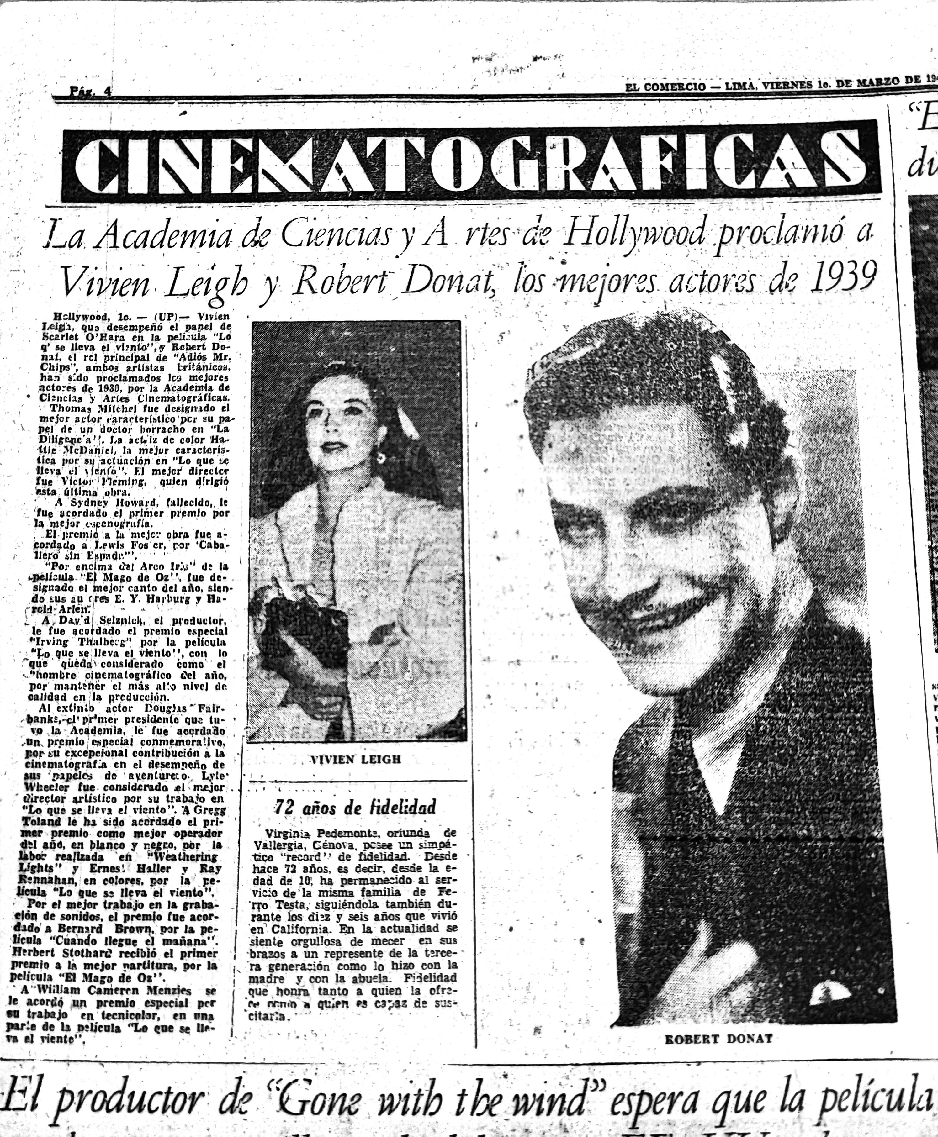 Así anuncia "El Comercio" en 1940 la victoria de "Lo que el viento se llevó" a los premios de la Academia. Entonces no se le llamaba Oscar aún.
