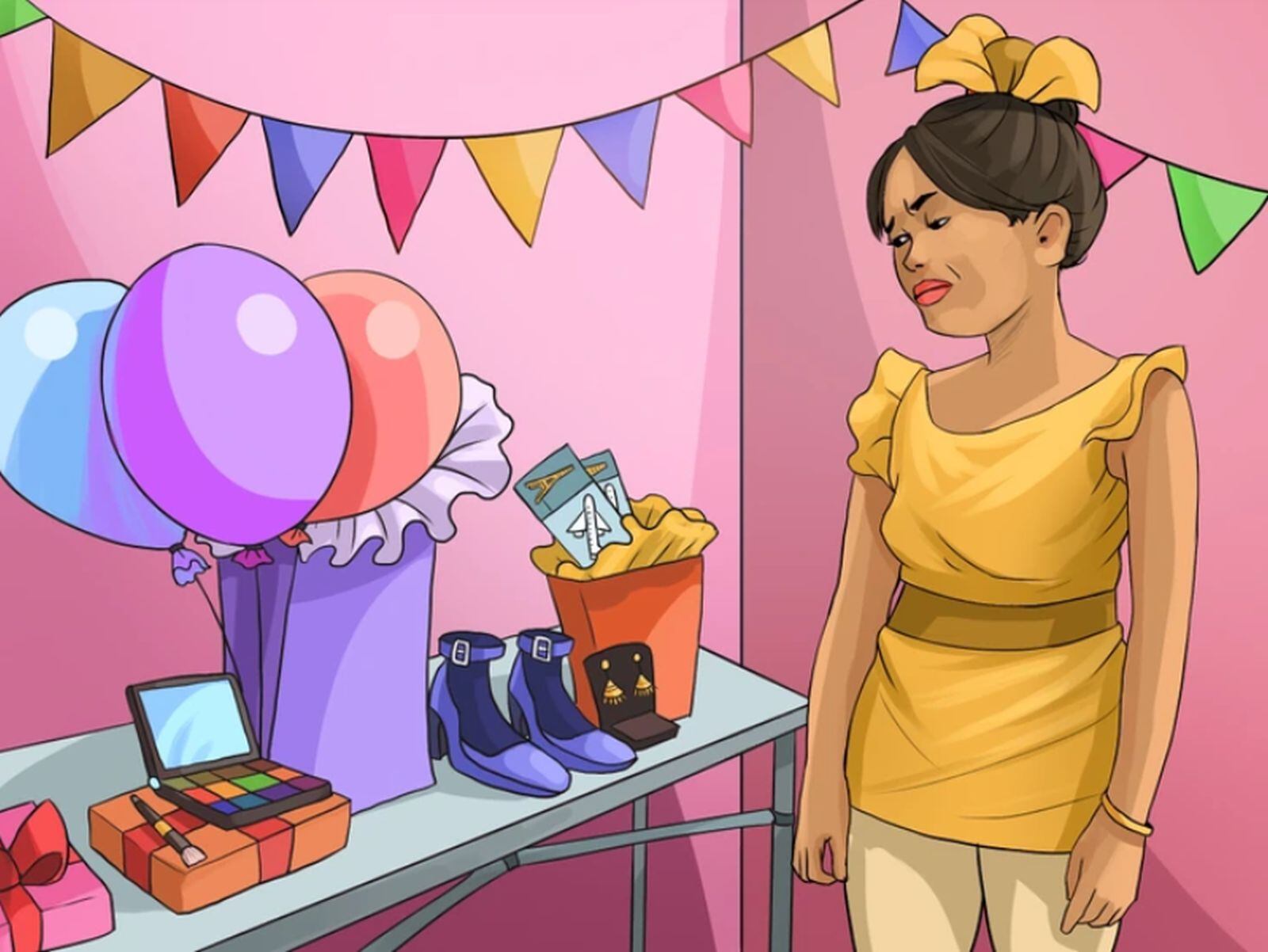 RETO VISUAL | Esta imagen te muestra a una mujer mirando los regalos que le dieron por su cumpleaños. Hay uno que no le agrada. Identifícalo. (Foto: genial.guru)