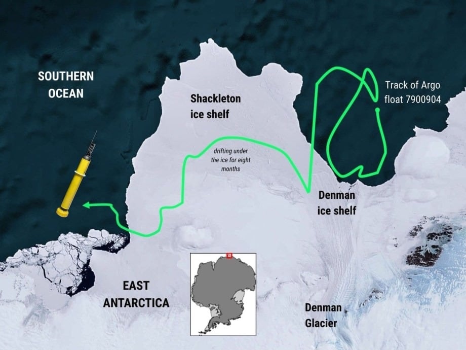 Trayectoria del flotador Argo bajo las plataformas de hielo Shackleton y Denman. Crédito: CSIRO Wen tenHout