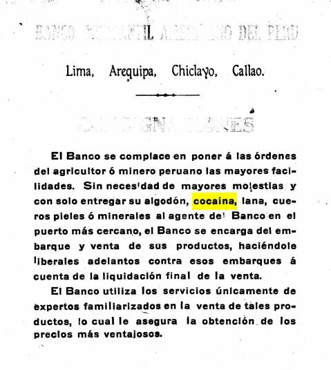 Anuncio del Banco Mercantil Americano en la portada de El Comercio, el 25 de mayo de 1919. Por aquel entonces la cocaína era un bien comercial legal.