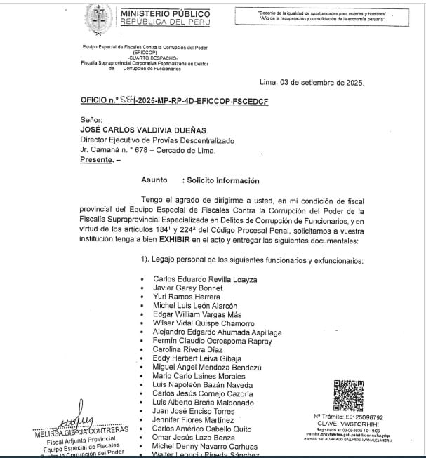 Fiscalía envío oficio solicitando información sobre servidores que trabajaron con investigado Carlos Revilla
