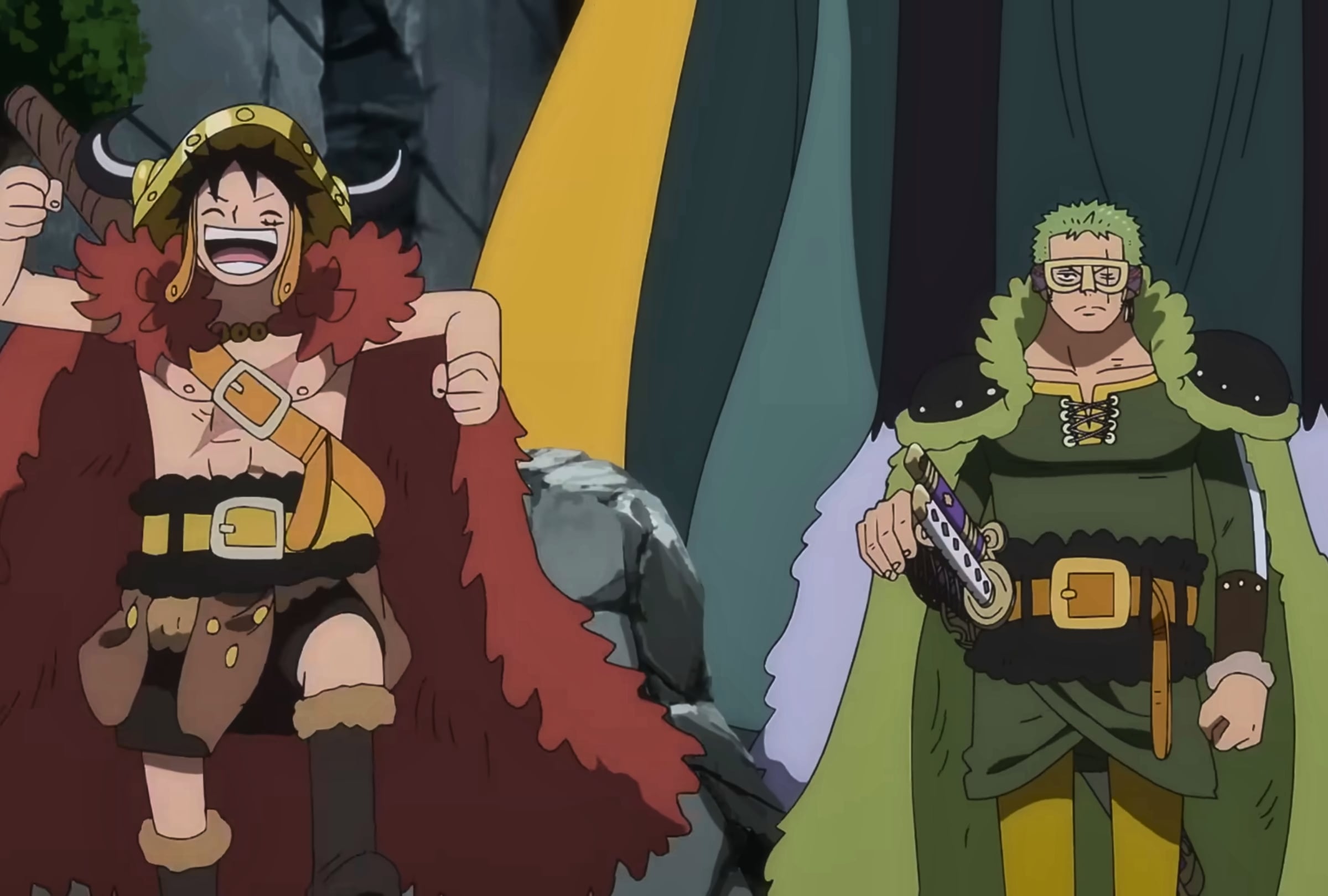 Luffy vistiendo un casco vikingo y Zoro llevando gafas y un traje verde en el capítulos 1169 del anime