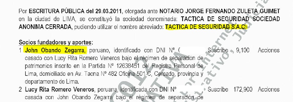 Ficha de constitución de la empresa Táctica de Seguridad S.A.C.
