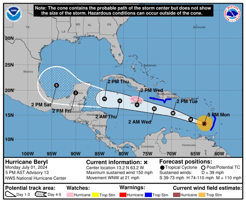 La trayectoria del Huracán Beryl. (NHC).