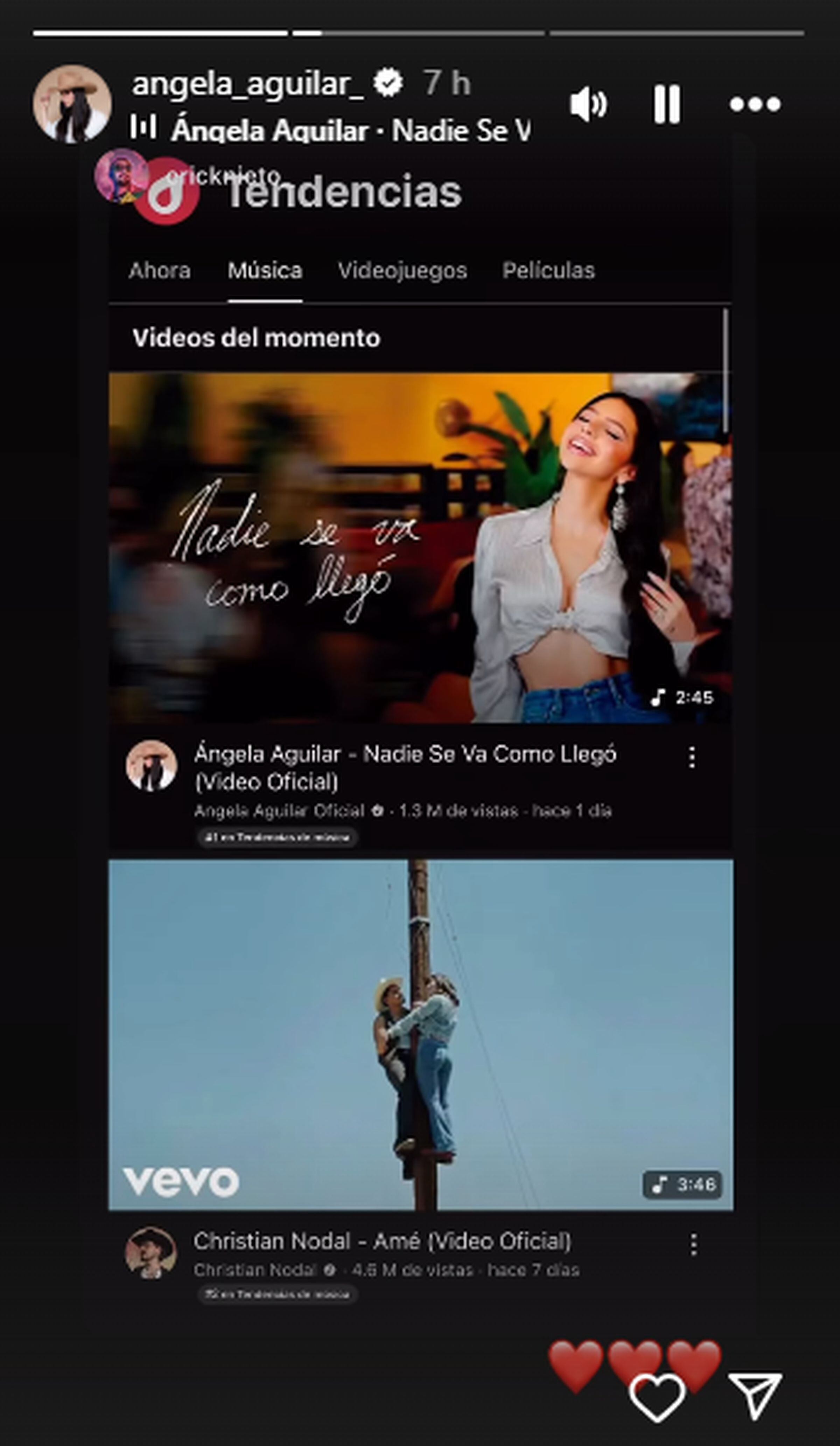 Ángela Aguilar replicó una historia en Instagram de Erick Nieto, director creativo y storyteller visual, que destacó el nuevo tema de ella y el de su esposo, Christian Nodal. (Foto: @angela_aguilar_ / Instagram)