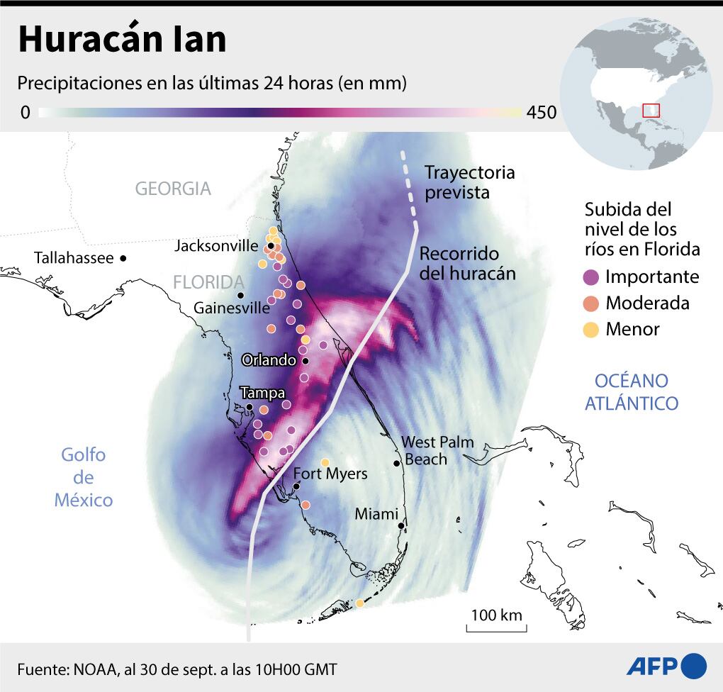 Las lluvias provocadas por el huracán Ian en 24 horas en Floroda. (AFP).