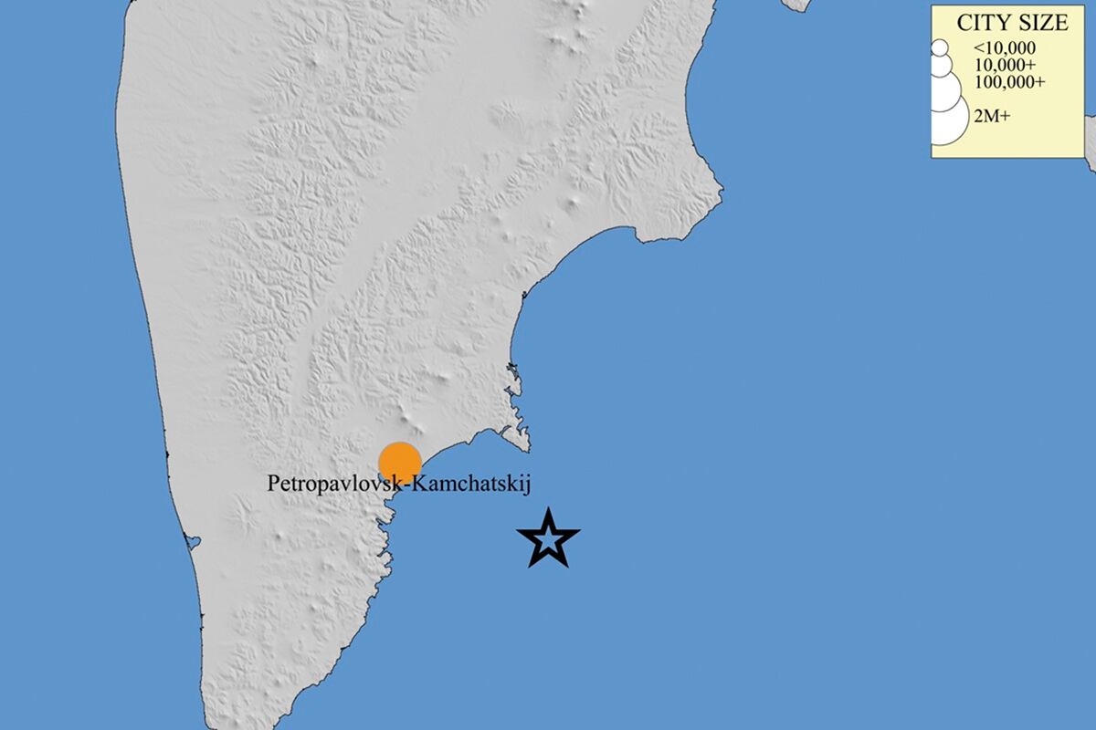 El punto origen del terremoto de magnitud 8,8, en la península rusa de Kamchatka, Rusia, el 30 de julio de 2025. (Foto de USGS / EFE)