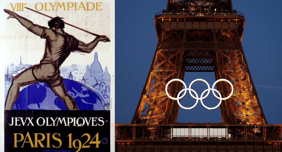 A la izquierda, un afiche promocional de los Juegos Olímpicos de Paris (1924). A la derecha, la Torre Eiffel ataviada para celebrar los juegos de Paris 2024.