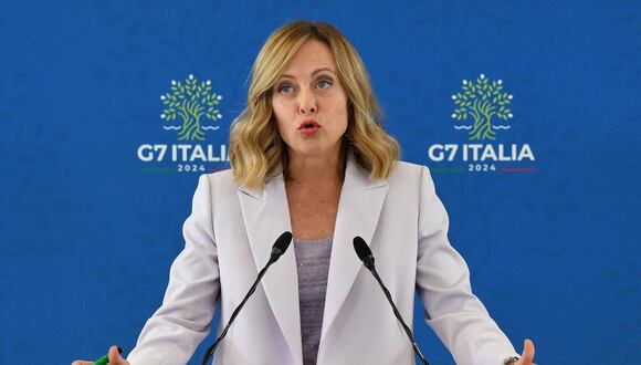 La primera ministra italiana Giorgia Meloni, durate una rueda de prensa tras la Cumbre del G7 en Borgo Egnazia en Savelletri, al sur de Italia.- EFE/ETTORE FERRARI