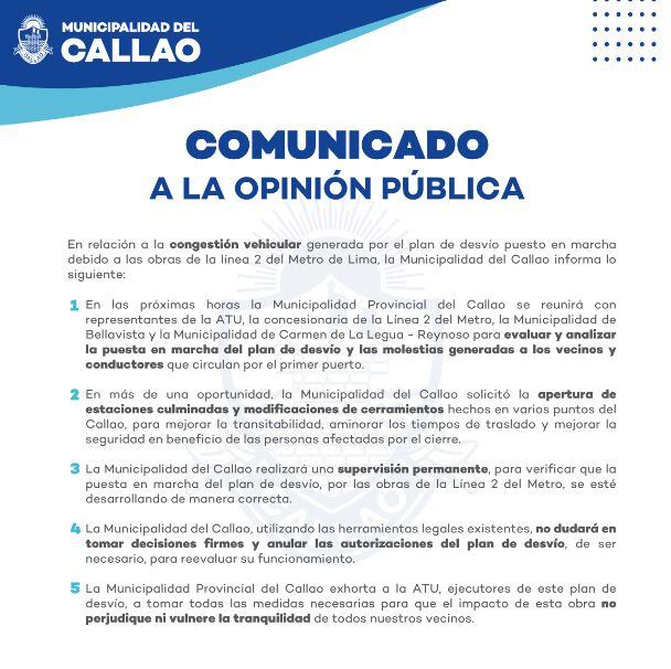 Comunicado de la Municipalidad Provincial del Callao