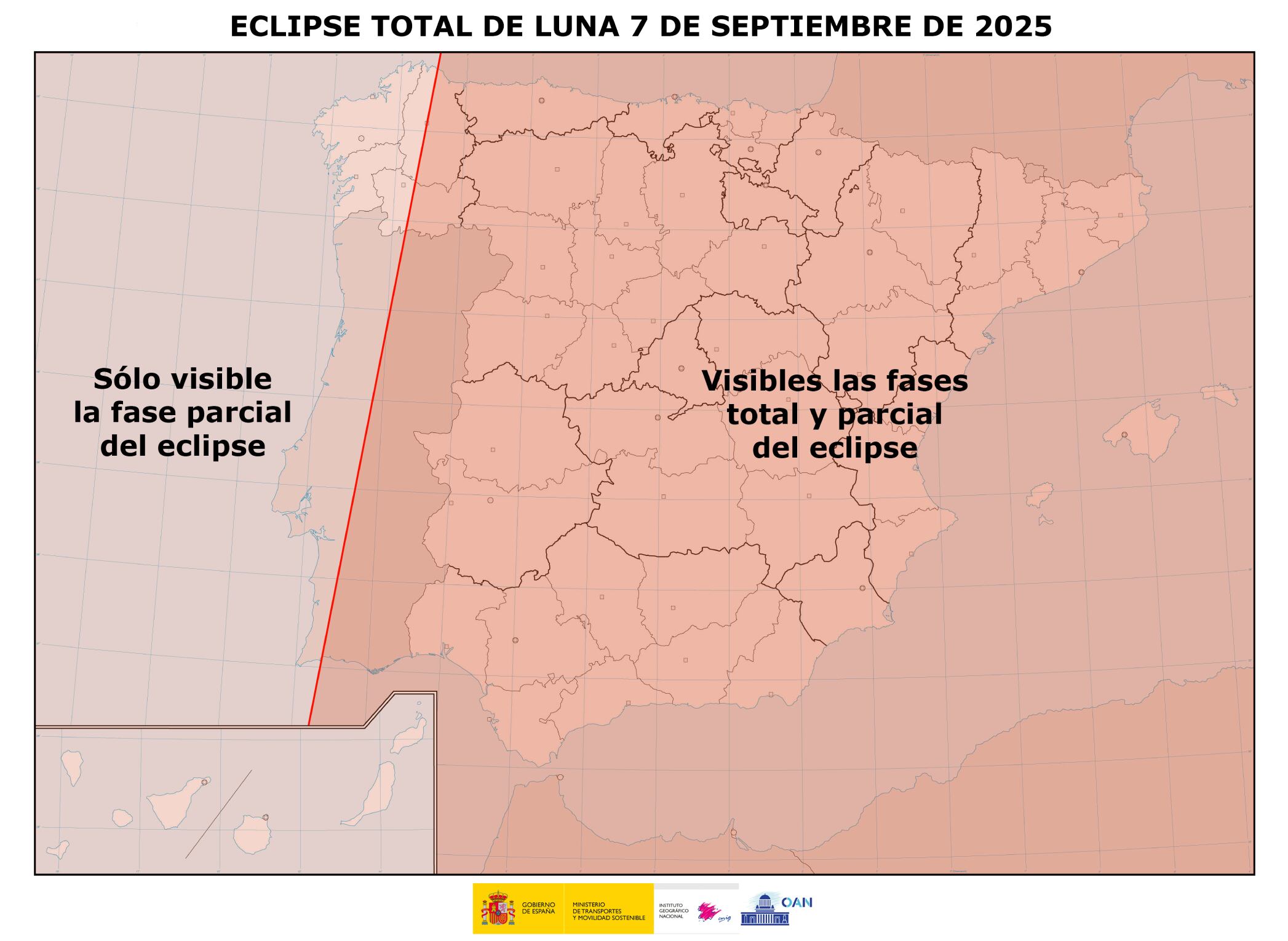MADRID (ESPAÑA), 07/09/2025.- Estas son las provincias de España donde se verá la totalidad del eclipse lunar total este 7 de septiembre; en Islas Canarias solo se apreciará la fase parcial. Foto de astronomia.ign.es