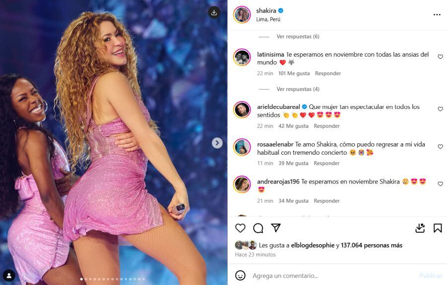 Shakira compartió fotografías inéditas de su concierto en Perú. (Foto: Captura de IG)
