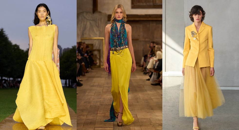 En distintas tonalidades, el color amarillo promete ser uno de los protagonistas de la nueva temporada. Este color denota optimismo, sabiduría y buen tiempo. En pasarela, lo vemos en vestidos, faldas y hasta blazers. (Prabal Gurung, Ralph Lauren, Carolina Herrera / Foto:Vogue Runway).