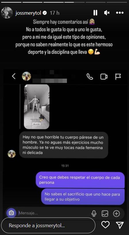 Jossmery Toledo le responde a usuaria de Instagram que criticó su cuerpo. (Foto: Captura de Instagram)