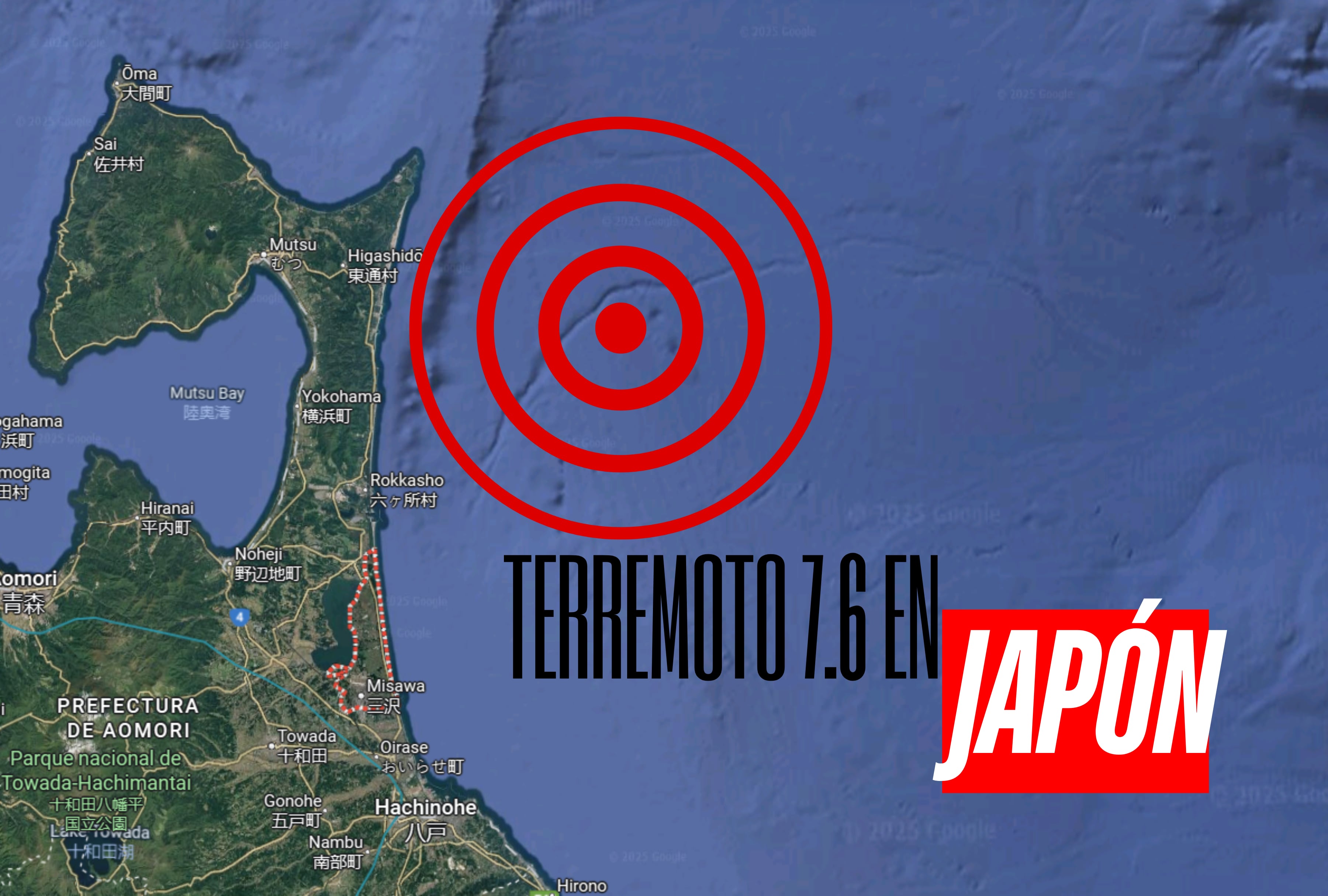 Oleaje intenso golpea las costas japonesas tras el potente sismo. Las autoridades piden mantenerse alejados del mar por posibles réplicas y tsunamis. | Crédito: Google Maps / Composición Mag