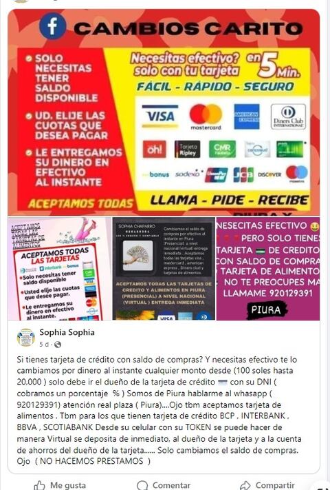 Cambios de crédito por efectivo a través de páginas.