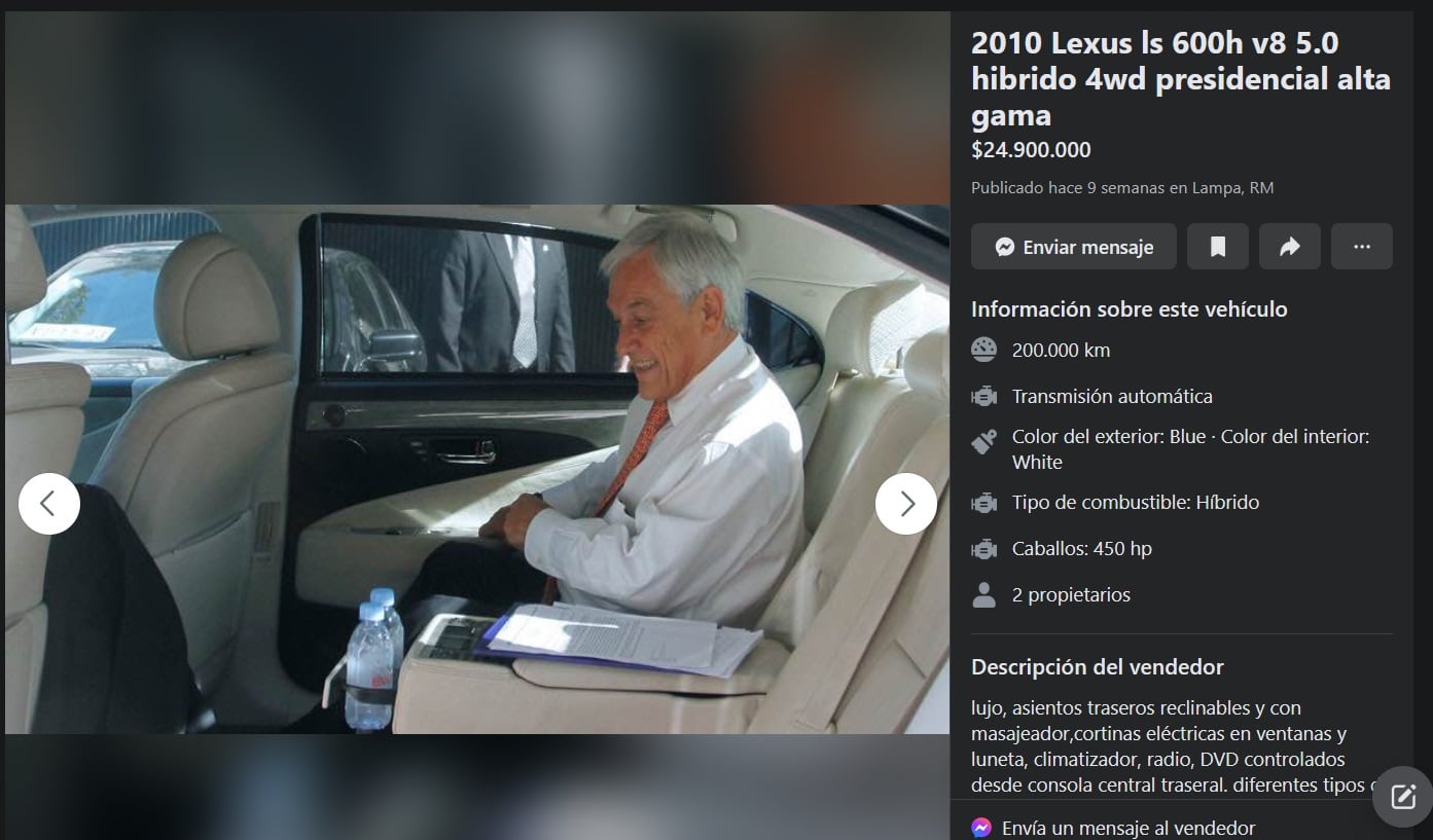 Imagen del anuncio en Marketplace del Lexus usado por Sebastián Piñera.