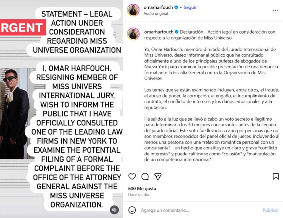 El pianista Omar Harfouch anunció medidas legales contra el Miss Universo. (Foto: Captura de IG)
