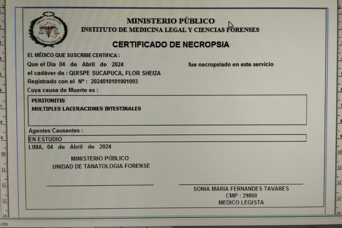 Certificado de necropsia emitido por el Instituto de Medicina Legal y Ciencias Forenses. (Foto: Latina)