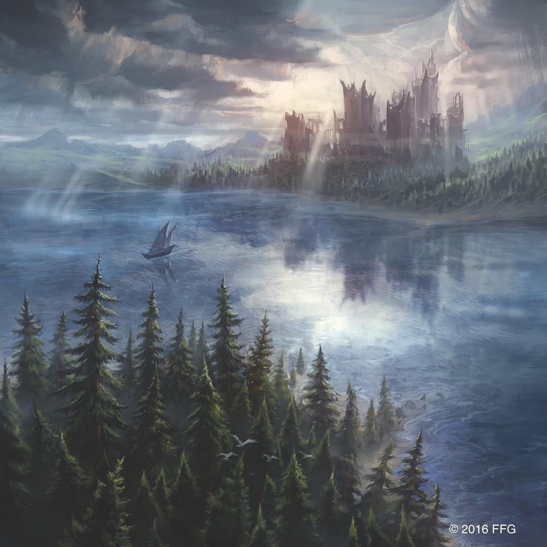 El lago Ojo de Dios, con Harrenhal en su orilla. Ilustrado por Sergey Glushako (Foto: Fantasy Flight Games)