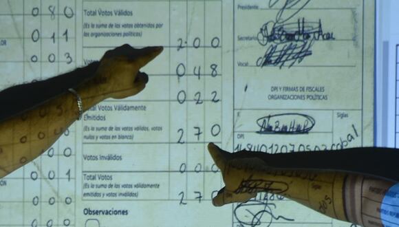 Autoridades electorales revisan los registros electorales proyectados en una pantalla en el Centro de Operaciones del Proceso Electoral en la Ciudad de Guatemala el 4 de julio de 2023. (Foto de Orlando  ESTRADA / AFP)