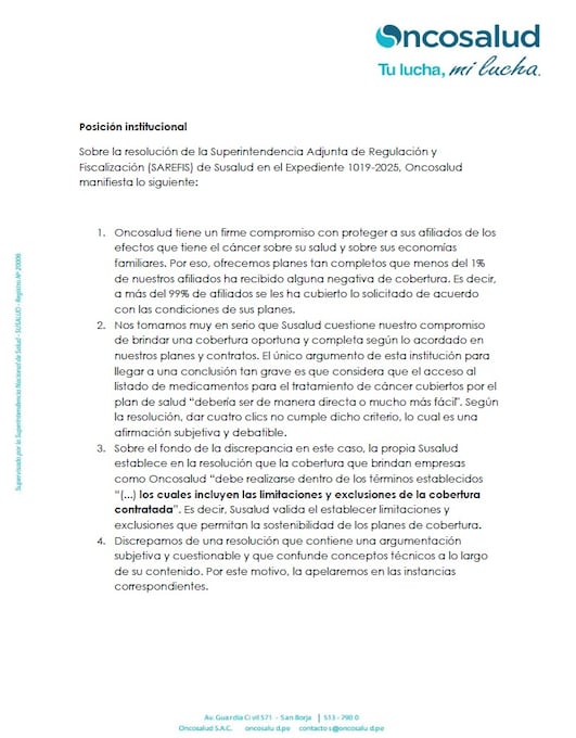 Comunicado emitido por Oncosalud donde rechaza la resolución de SUSALUD y la califica de "subjetiva y cuestionable".