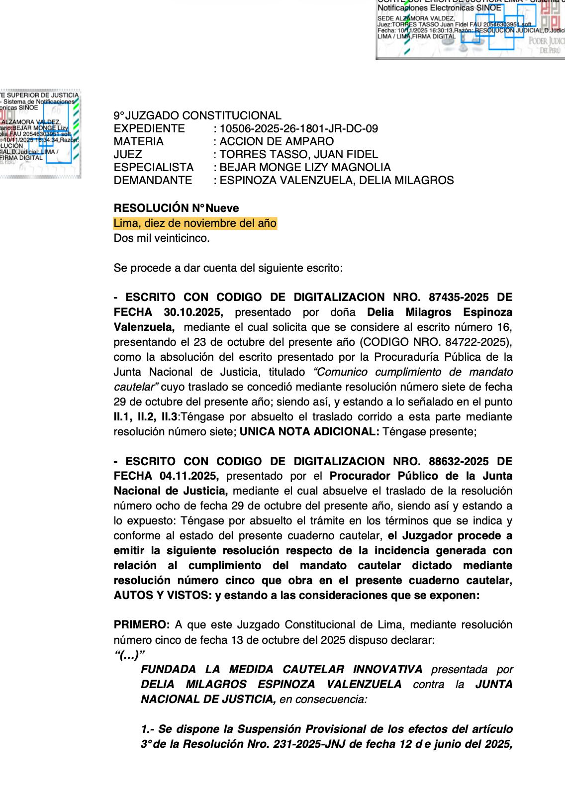 Resolución Judicial Cautelar a favor de Delia Espinoza