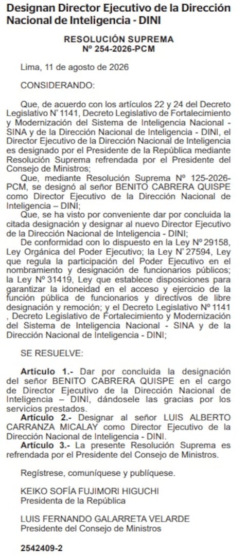 Resolución suprema sobre el nuevo director ejecutivo de la DINI. (Foto: El Peruano)