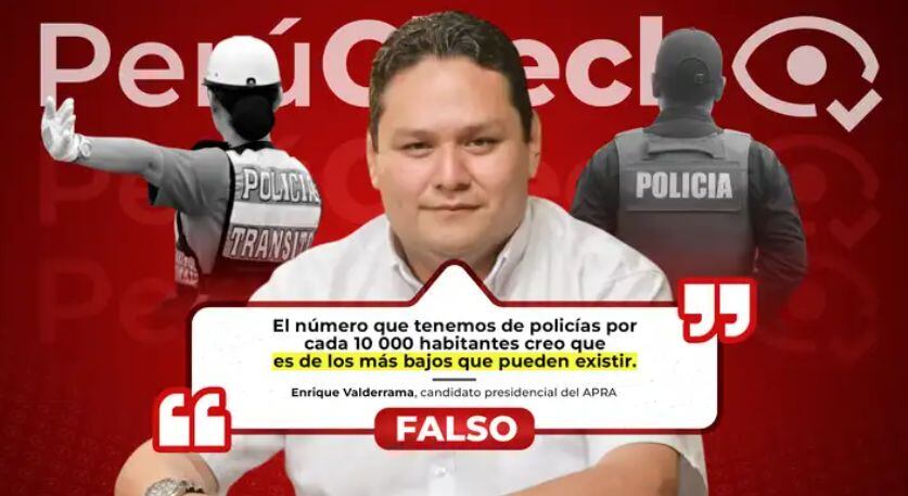 El pasado 18 de enero, el candidato presidencial del APRA, Enrique Valderrama, señaló en una entrevista para Latina que “el número que tenemos de policías por cada 10,000 habitantes, creo que es de los más bajos que pueden existir”.